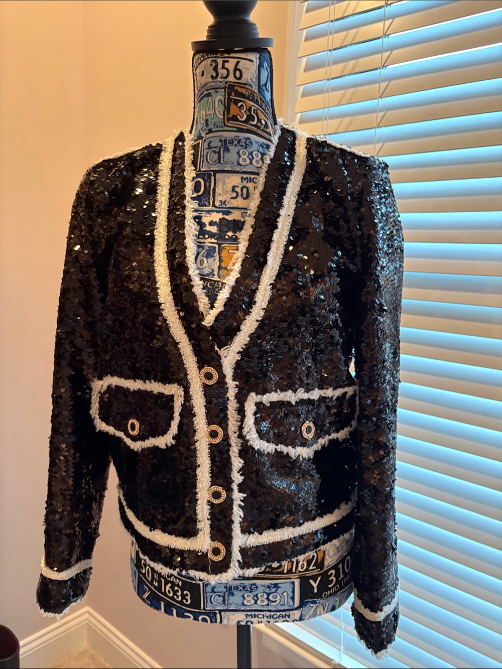 Aqua Black Sequin Jacket with White Trim